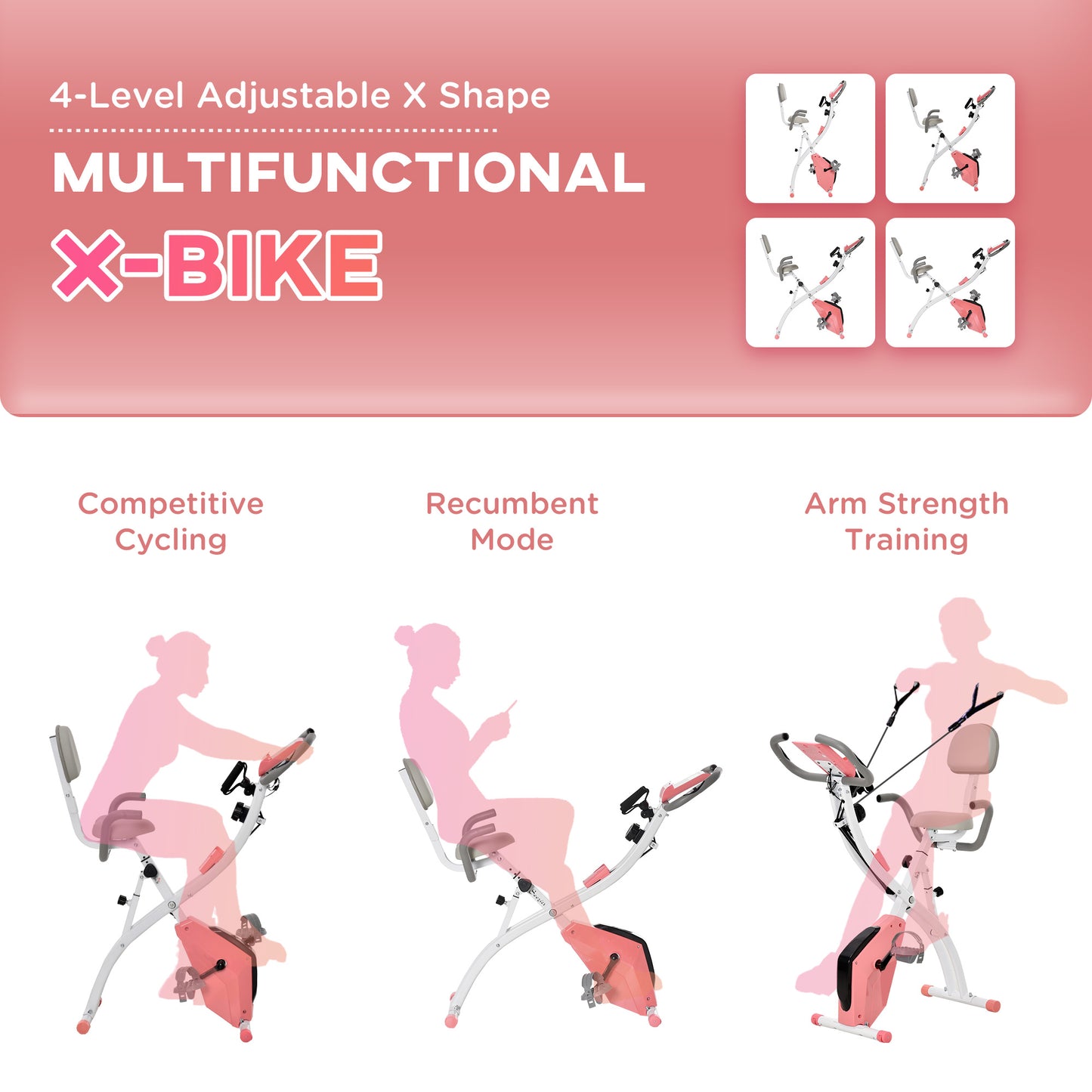 2-In-1 Upright Exercise Bike 8-Level Adjustable with Pulse Sensor Pink HOMCOM