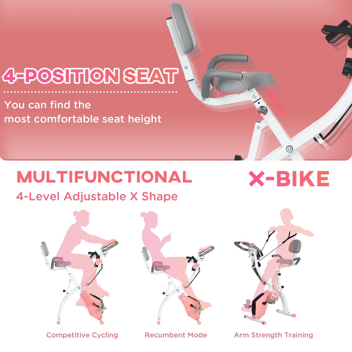 2-In-1 Upright Exercise Bike 8-Level Adjustable with Pulse Sensor Pink HOMCOM