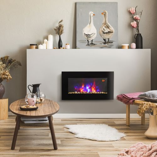 1000W Wall Mounted Tempered Glass Electric Fireplace Heater Black