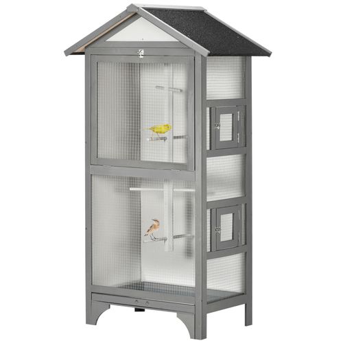 Wooden Bird Aviary for Finch Canary w/ Removable Tray Asphalt Roof Grey