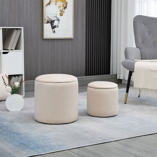 Modern Fabric Storage Ottoman with Removable Lid Set of 2 Cream White HOMCOM