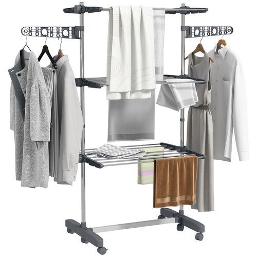 3-Tier Large Clothes Airer Stainless Steel Clothes Drying Rack Grey HOMCOM