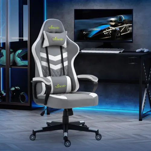 Racing Gaming Chair w/ Lumbar Support Headrest Gamer Office Chair Grey White