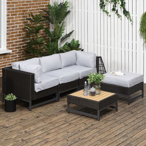 5 PCS Rattan Corner Sofa Rattan Garden Furniture Wood Grain Plastic Top Table