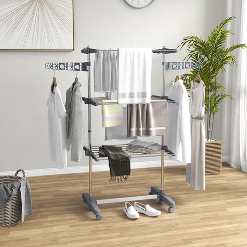 3-Tier Large Clothes Airer Stainless Steel Clothes Drying Rack Grey HOMCOM