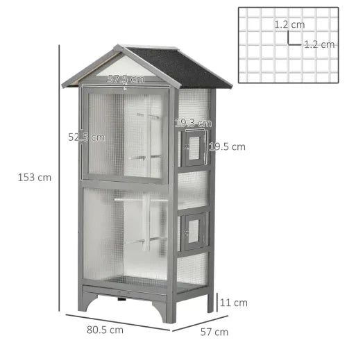 Wooden Bird Aviary for Finch Canary w/ Removable Tray Asphalt Roof Grey