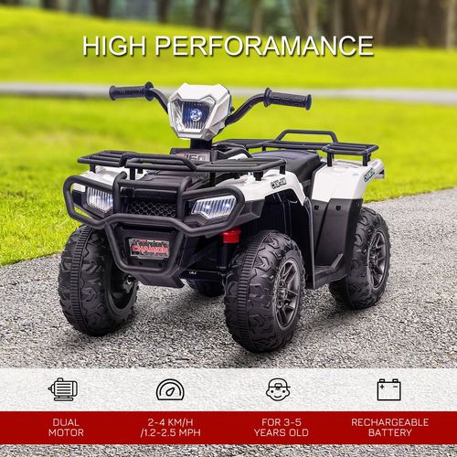 12V Electric Quad Bike for Kids w/ LED Headlights Music White HOMCOM