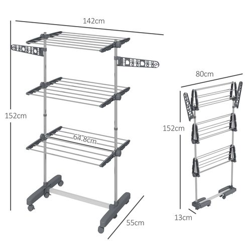 3-Tier Large Clothes Airer Stainless Steel Clothes Drying Rack Grey HOMCOM