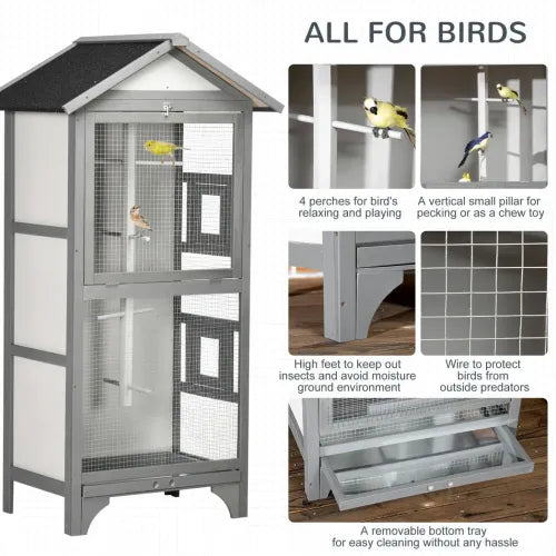 Wooden Bird Aviary for Finch Canary w/ Removable Tray Asphalt Roof Grey