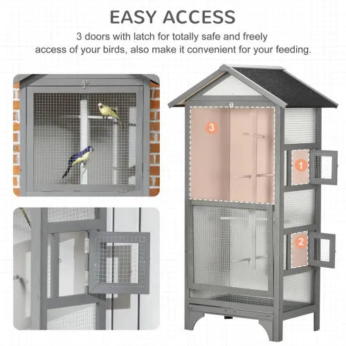 Wooden Bird Aviary for Finch Canary w/ Removable Tray Asphalt Roof Grey