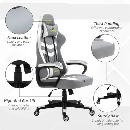 Racing Gaming Chair w/ Lumbar Support Headrest Gamer Office Chair Grey White