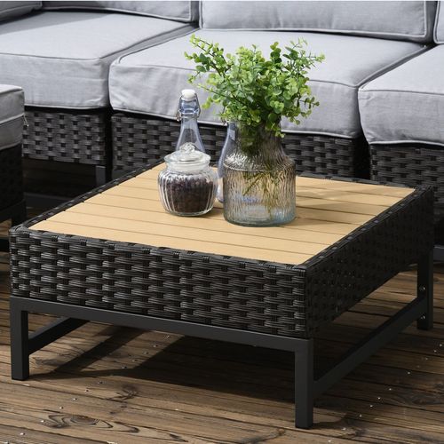 5 PCS Rattan Corner Sofa Rattan Garden Furniture Wood Grain Plastic Top Table