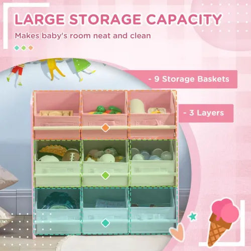 Kids Storage Unit with 9 Removable Storage Baskets for Nursery Playroom Pink