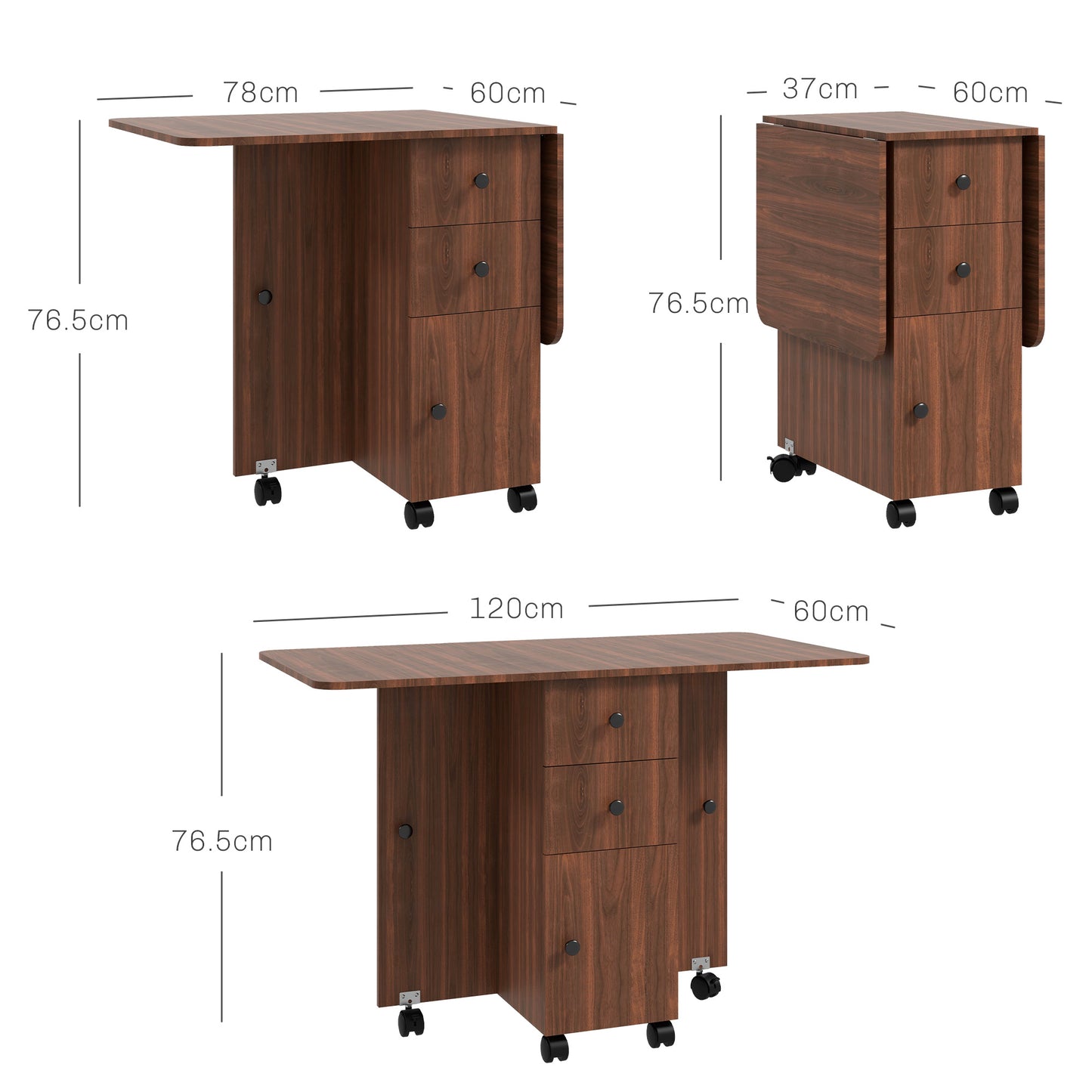 Folding Dining Table, Drop Leaf Table With Drawers Distressed Brown HOMCOM