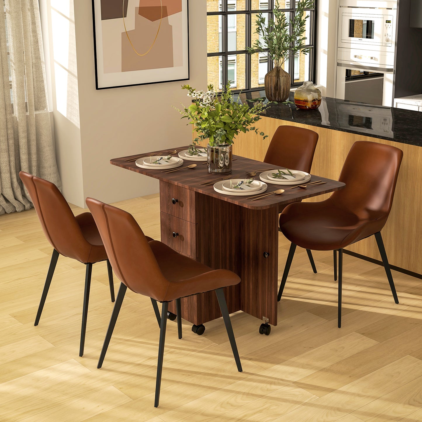 Folding Dining Table, Drop Leaf Table With Drawers Distressed Brown HOMCOM