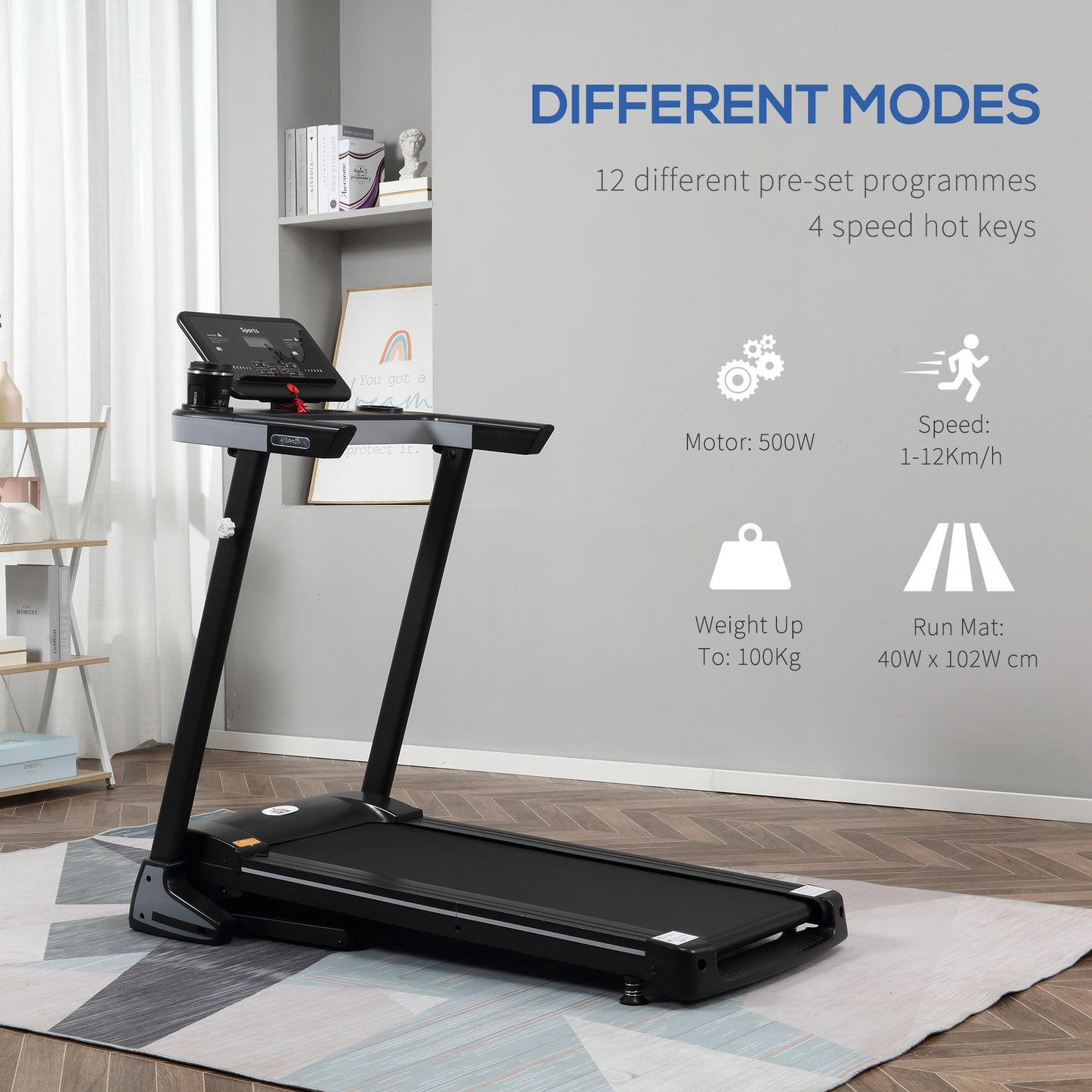 500W Motorised Treadmill 1-12km/h Folding Frame  Wheels Preset Programs HOMCOM