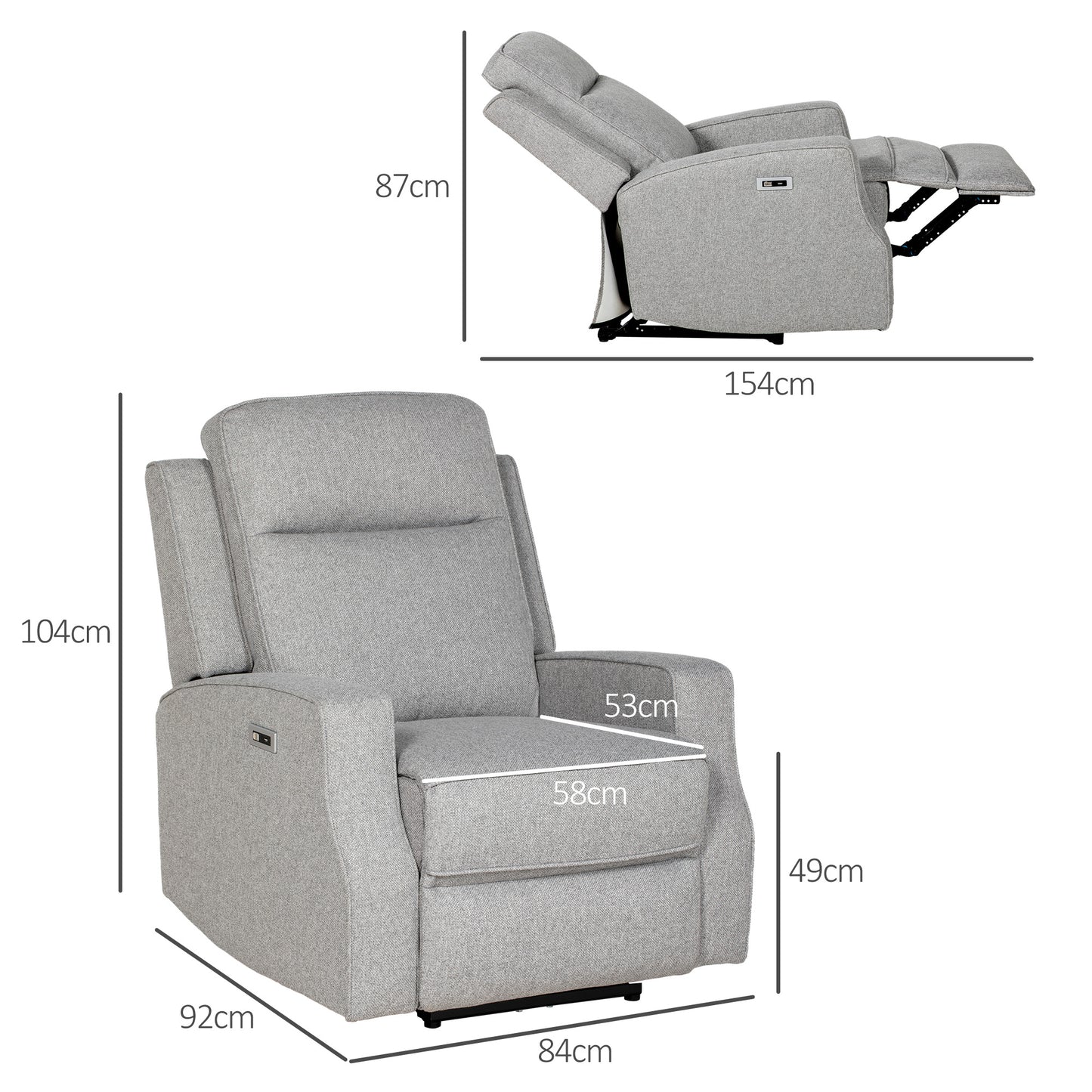 Electric Armchair Fabric Recliner Chair with USB Port Grey HOMCOM