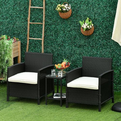 2-Seater PE Rattan Side Table & Armchair Bistro Set w/ Pillows Black