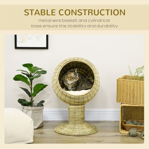 Raised Cat House Natural Mat Grass Cat Bed w/ Stand Cushion 41x 69 cm PawHut