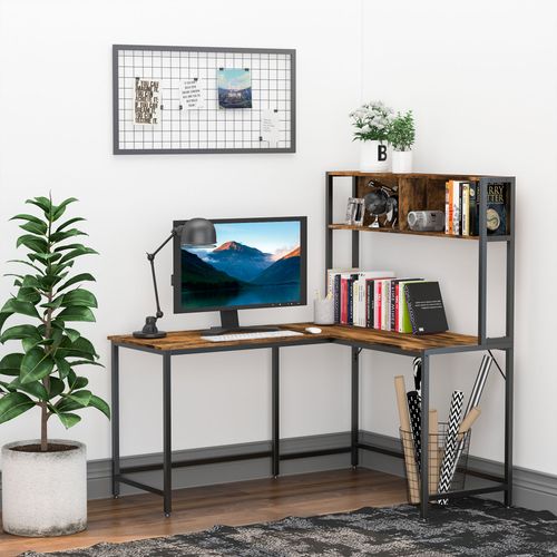 149x140x125cm Industrial L-Shaped Desk w Shelf - Brown & Black