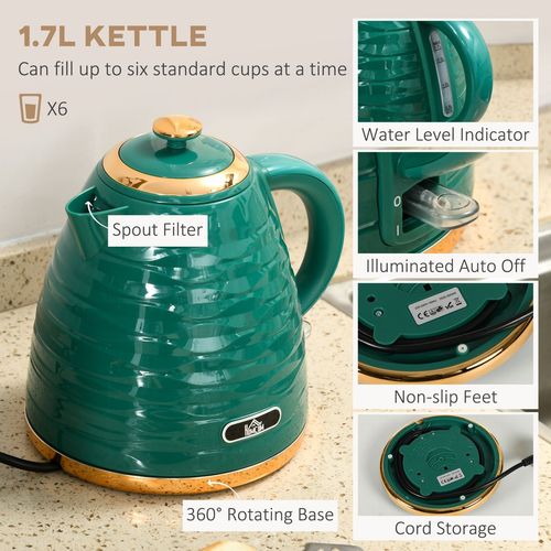 Kettle and Toaster Set 1.7L Rapid Boil Kettle & 4 Slice Toaster Green HOMCOM