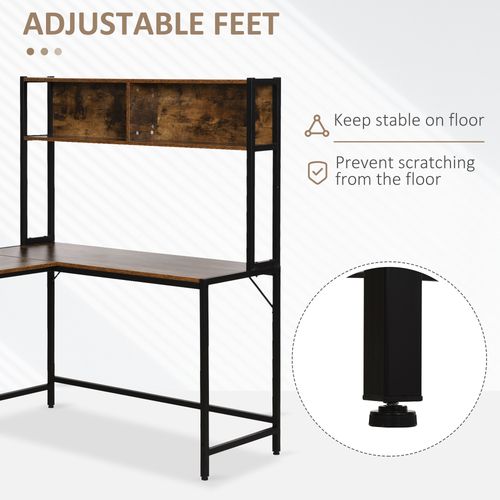 149x140x125cm Industrial L-Shaped Desk w Shelf - Brown & Black