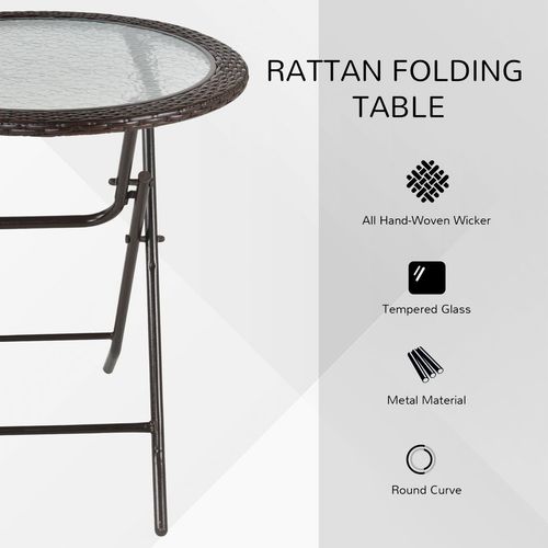 Folding Round Tempered Glass Metal Table with Brown Rattan Edging Outsunny