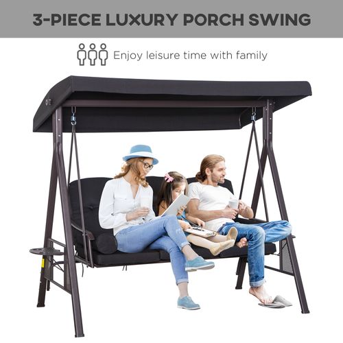 3 Seater Garden Swing Chair Patio Swing Bench w/ Cup Trays Black Outsunny