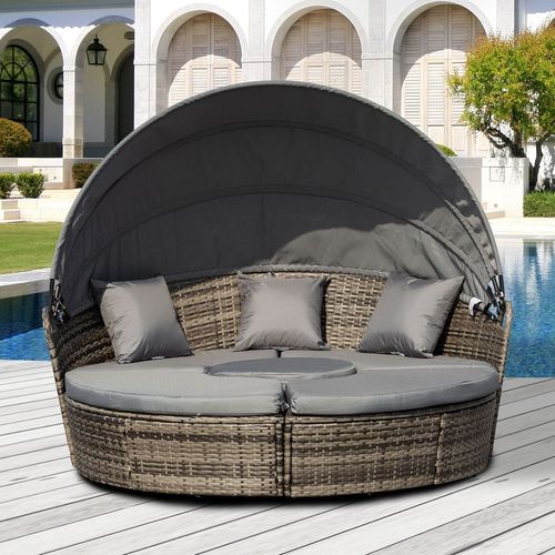 5 PCs Cushioned Outdoor Plastic Rattan Round Sofa Bed Table Set Grey Outsunny