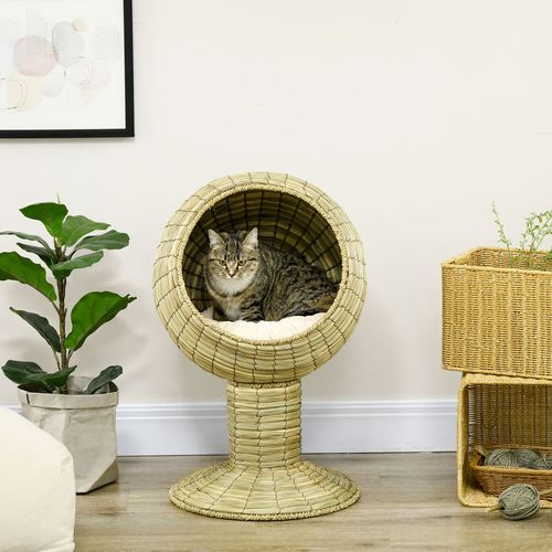 Raised Cat House Natural Mat Grass Cat Bed w/ Stand Cushion 41x 69 cm PawHut