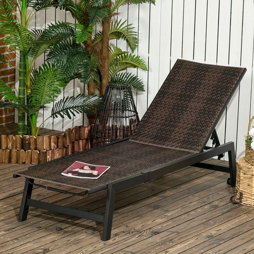 Outdoor PE Rattan Sun Loungers w/ 5-Position Backrest & Wheels Brown Outsunny