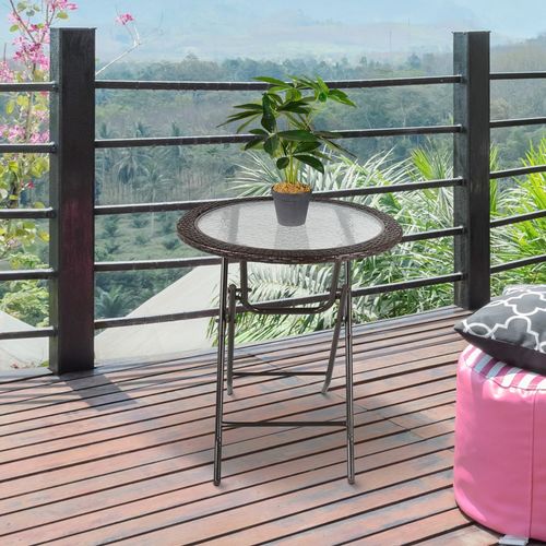 Folding Round Tempered Glass Metal Table with Brown Rattan Edging Outsunny