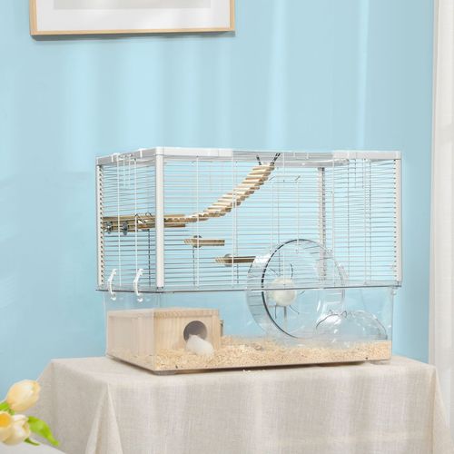 Hamster Cage Gerbilarium Cage w/ Deep Bottom Ramp Exercise Wheel PawHut