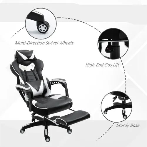 Gaming Chair Ergonomic Reclining w/ Manual Footrest Wheels Stylish Office White