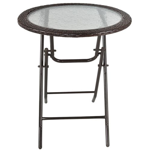 Folding Round Tempered Glass Metal Table with Brown Rattan Edging Outsunny