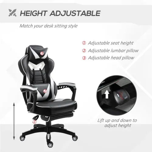 Gaming Chair Ergonomic Reclining w/ Manual Footrest Wheels Stylish Office White