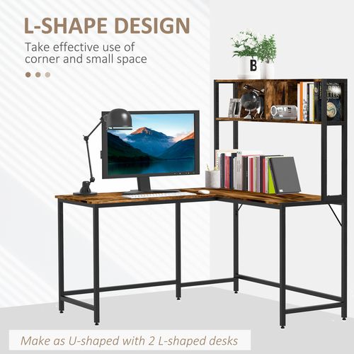 149x140x125cm Industrial L-Shaped Desk w Shelf - Brown & Black