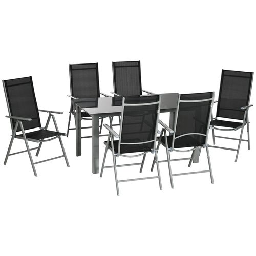 7pc Outdoor Dining Table and 6 Folding Chairs, Aluminium Patio Dining Set Black