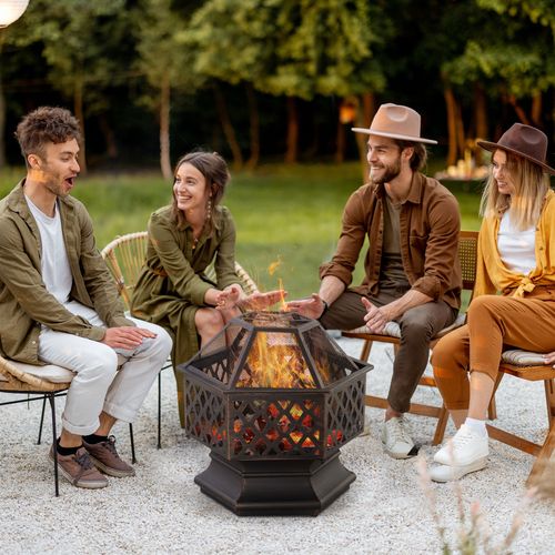 Outdoor Fire Pit with Screen Cover Portable Wood Burning Firebowl