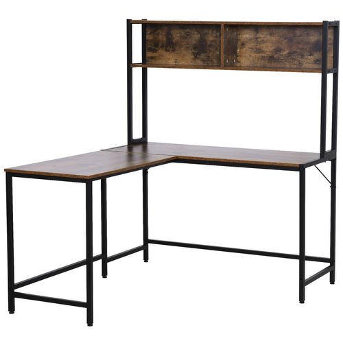 149x140x125cm Industrial L-Shaped Desk w Shelf - Brown & Black