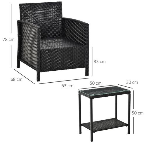 2-Seater PE Rattan Side Table & Armchair Bistro Set w/ Pillows Black