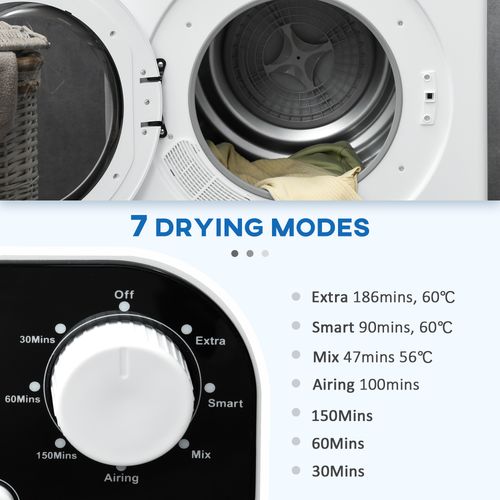 6kg Vented Tumble Dryer with 7 Dry Programmers for Small Spaces White HOMCOM