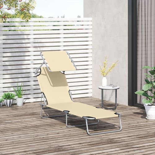 Folding Chair Sun Lounger w/ Sunshade Garden Recliner Hammock Beige Outsunny