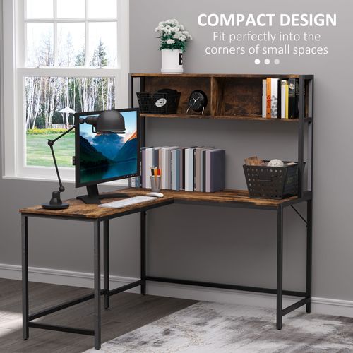 149x140x125cm Industrial L-Shaped Desk w Shelf - Brown & Black