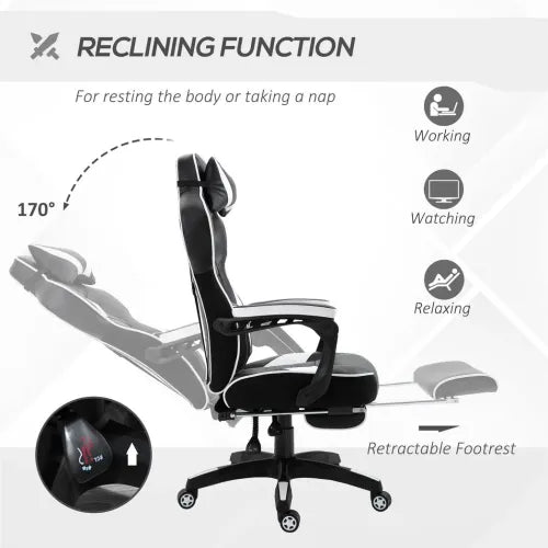 Gaming Chair Ergonomic Reclining w/ Manual Footrest Wheels Stylish Office White