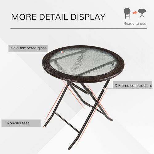 Folding Round Tempered Glass Metal Table with Brown Rattan Edging Outsunny