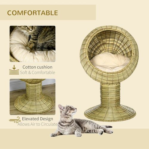 Raised Cat House Natural Mat Grass Cat Bed w/ Stand Cushion 41x 69 cm PawHut