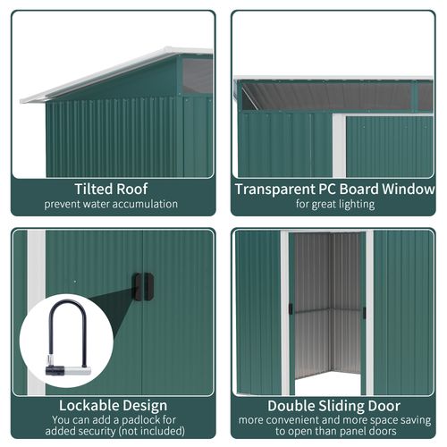 Pent Roofed Metal Garden Shed Foundation and Vent 260x194x200cm Green