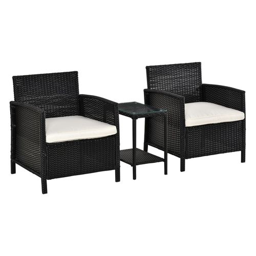 2-Seater PE Rattan Side Table & Armchair Bistro Set w/ Pillows Black