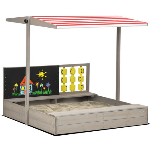 Kids Wooden Sandpit, Sandbox w/ Canopy Seats for Gardens Grey Outsunny